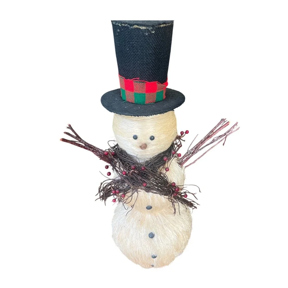Rustic Sisal Snowman Figurine 24 Inch Christmas Decor Twig Arms Burlap Top Hat